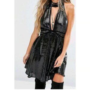 Free People Film Noir Halter Sequined Mini Dress Black (size 12) holiday party